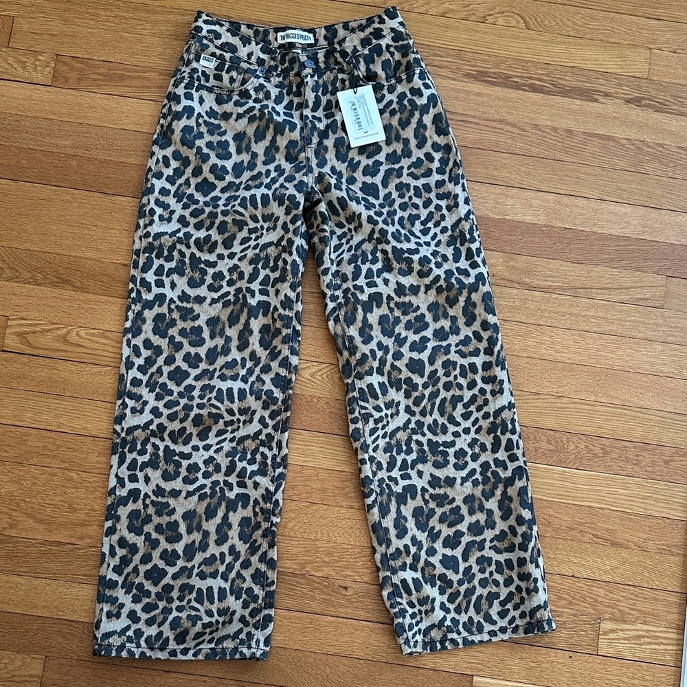 The Ragged Priest Women's Straight Leg Leopard Print Jeans - Tan & Black